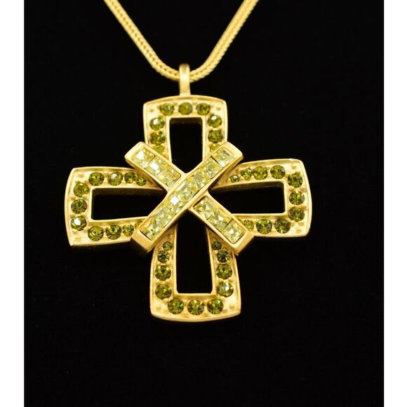 Givenchy Vintage Crystal Cross Pendant Necklace Brushed Gold NOS Signed 80s BinY - Picture 1 of 12